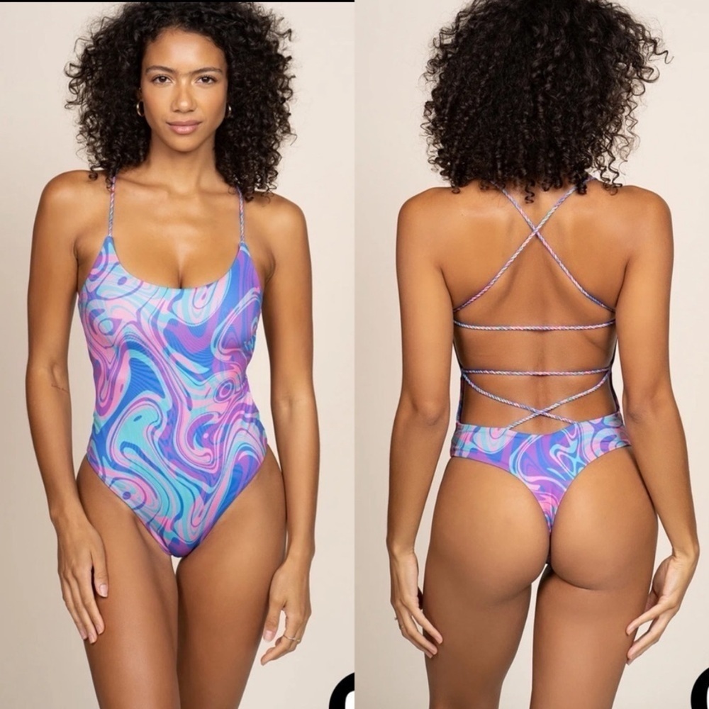 Ayra Swim Panama Strappy Tie Dye Cheeky Thong One Piece Swimsuit in Soda Pop M